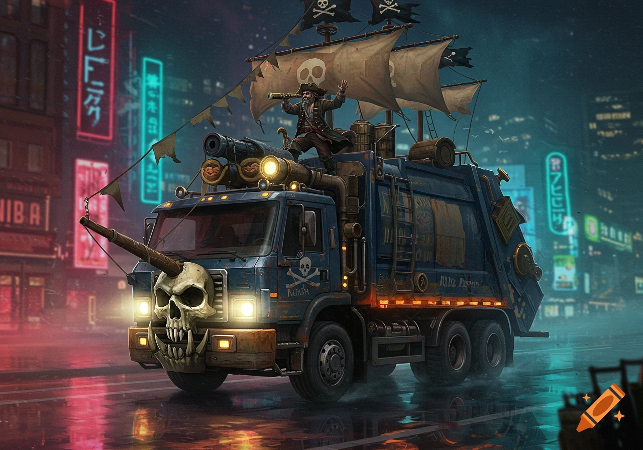 A detailed, art print style image of a pirate-themed garbage truck with a skull on the front, sails on top, and a pirate looking through a telescope. It is driving on a wet city street at night, with neon lights reflecting on the ground.