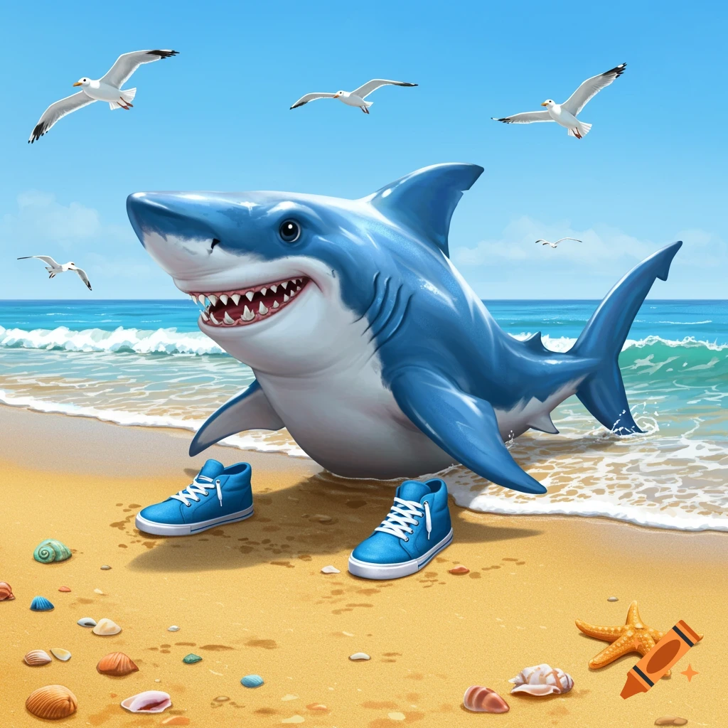 A cheerful, cartoon shark stands on a sandy beach, wearing blue high-top sneakers, with ocean waves and seagulls in the background.