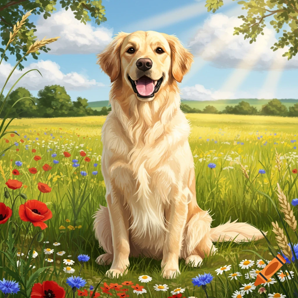 A golden retriever sitting in a sunny field of colorful wildflowers under a blue sky.