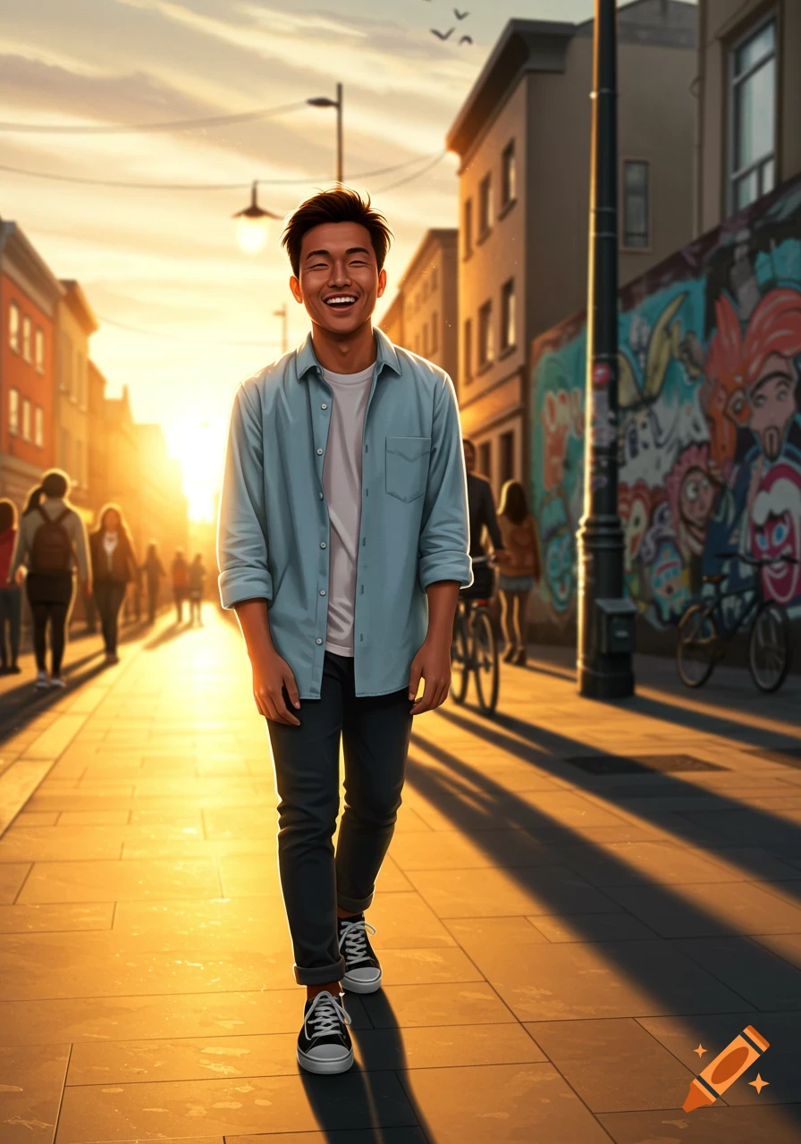 A happy young man walks down a sunlit city street with buildings and colorful graffiti on the right.
