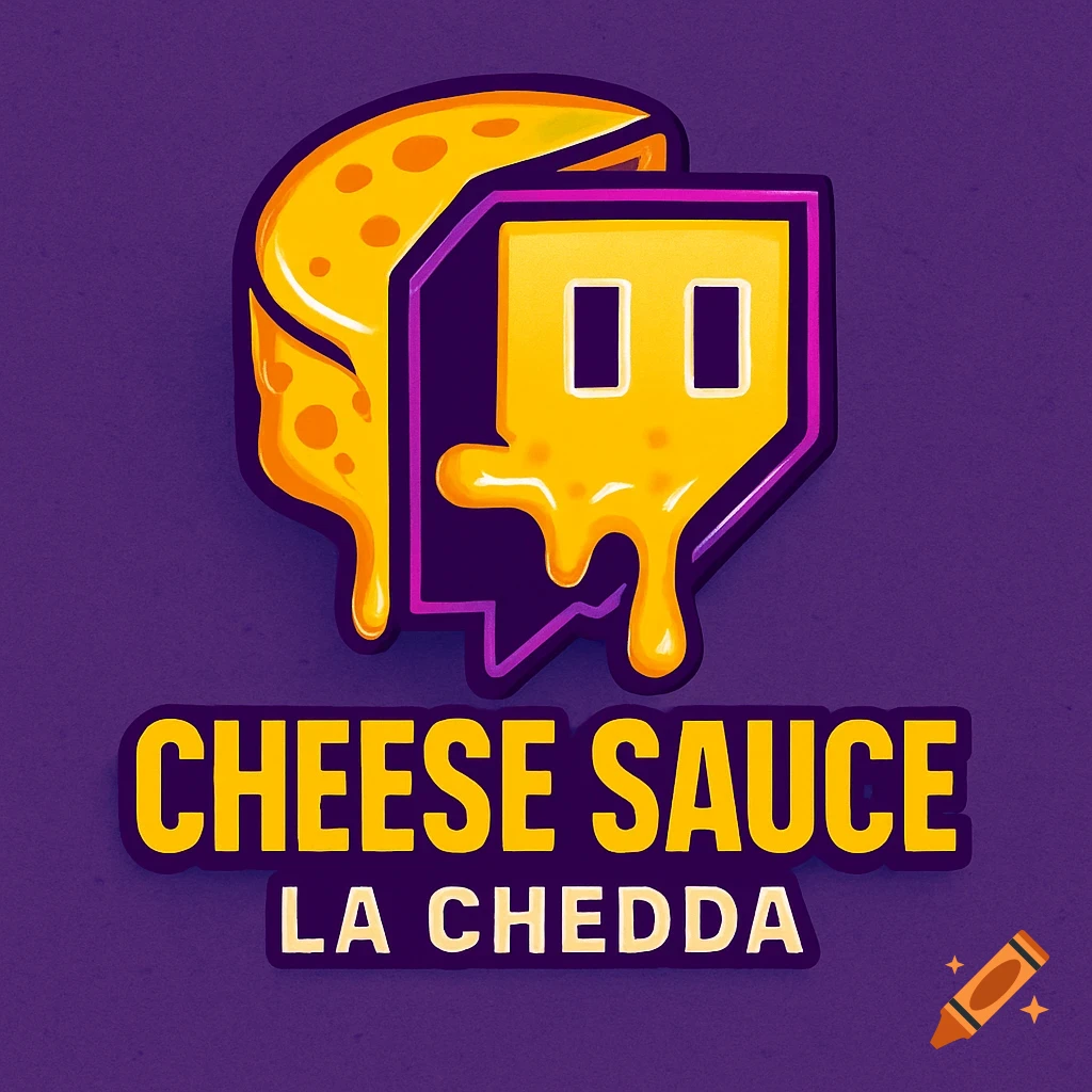 A stylized logo featuring a block of Swiss cheese melting over a purple Twitch icon, with "CHEESE SAUCE" and "LA CHEDDA" text below.