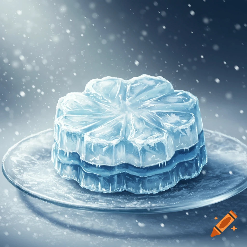 An intricate cookie-shaped ice sculpture rests on a frosted glass plate with snow falling.