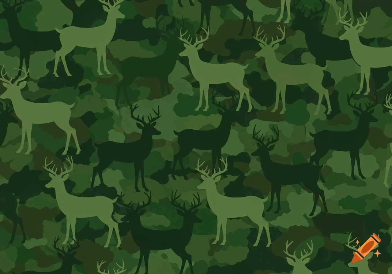 Green and dark green deer silhouettes form a camouflage pattern.