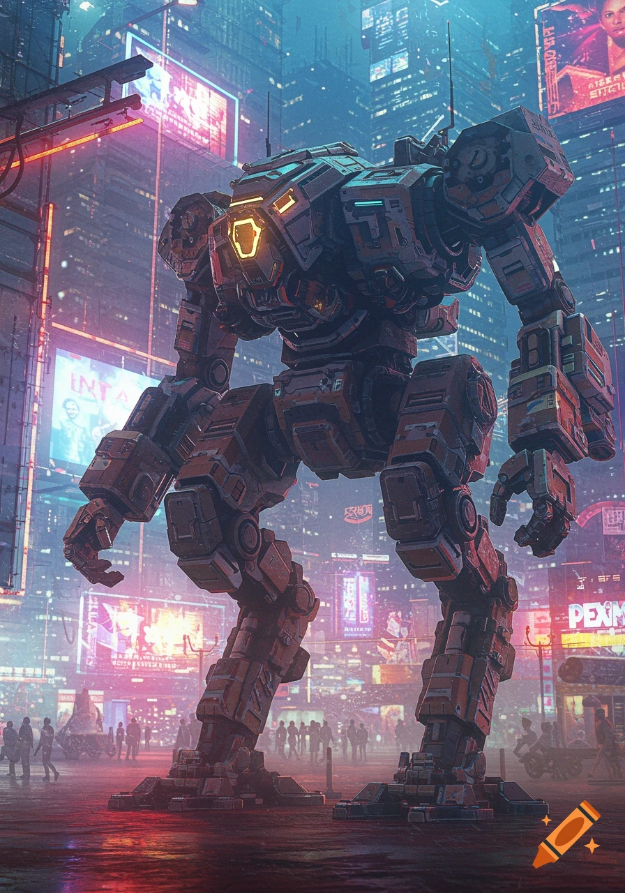 A large, weathered mech stands in a bustling, neon-lit cyberpunk city at night, with towering skyscrapers.