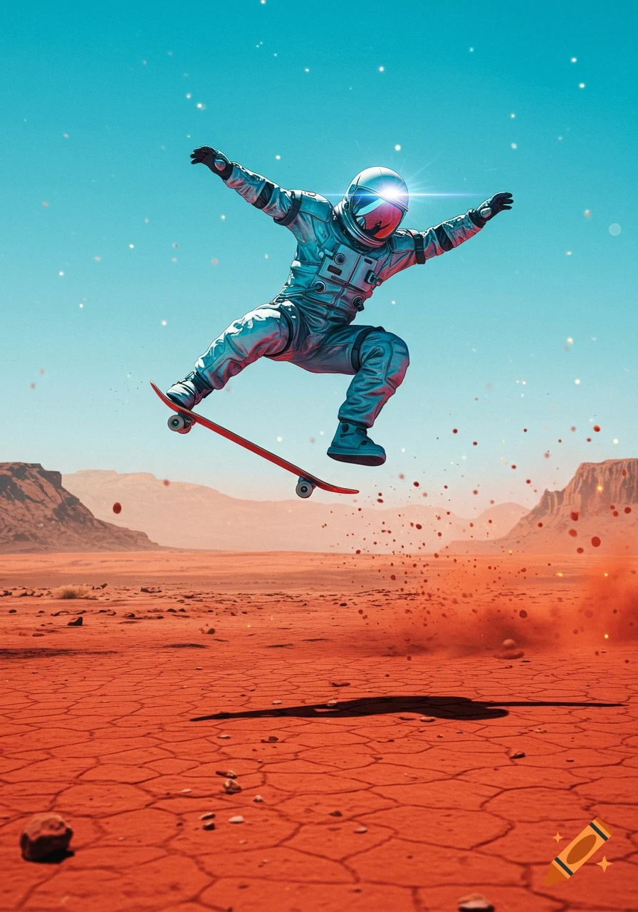 Astronaut in a silver suit kickflipping a skateboard over a red, barren Martian-like landscape under a bright blue sky.