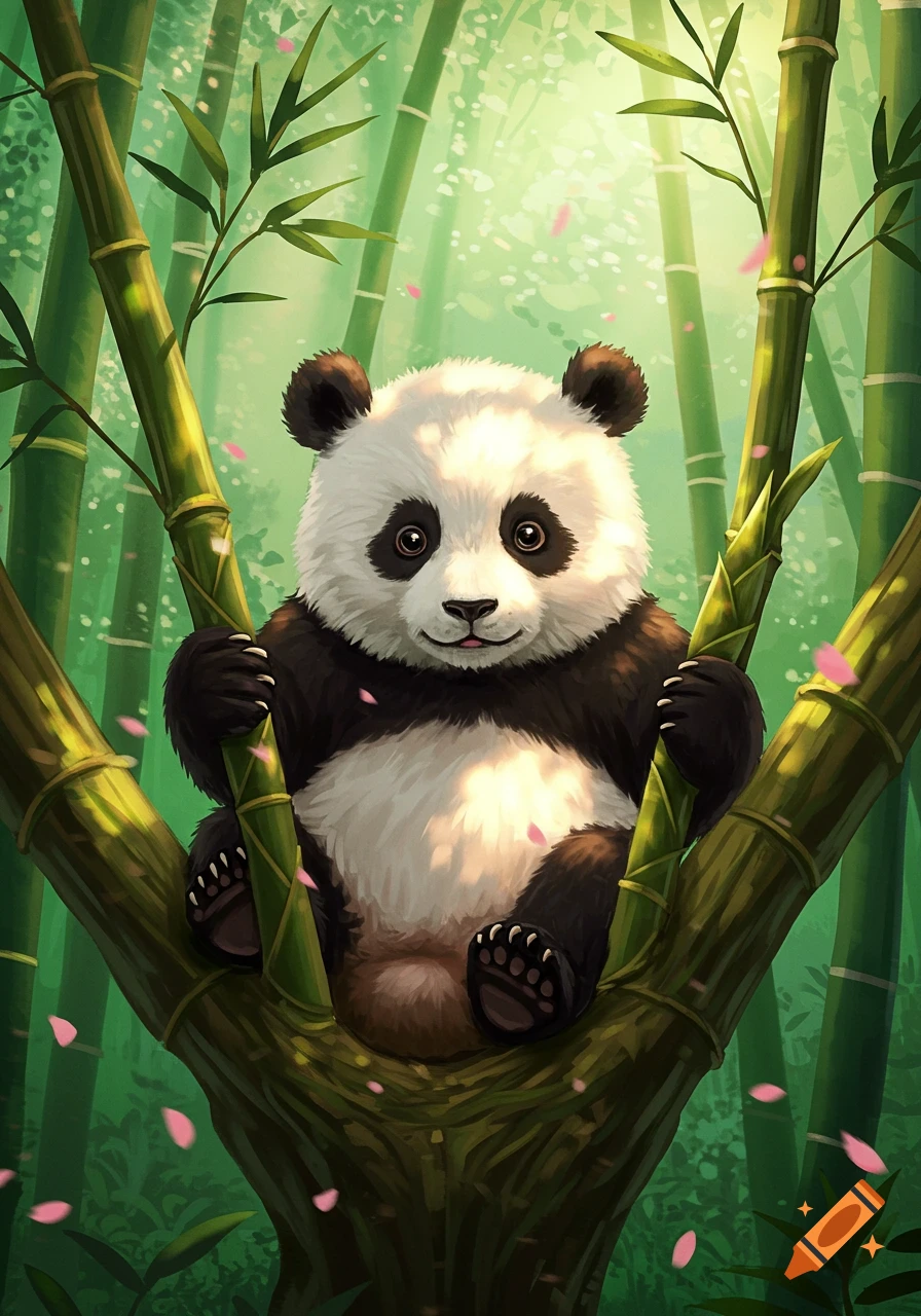 A cute baby panda sits among bright green bamboo stalks, with pink petals falling around it, in an illustrated style.