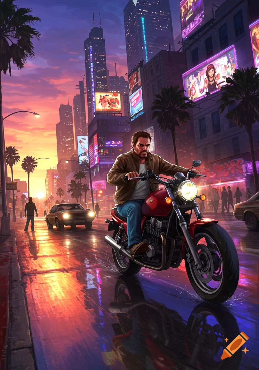 A man rides a red motorcycle on a wet city street at sunset, with illuminated billboards and skyscrapers in the background, in an illustrated style.