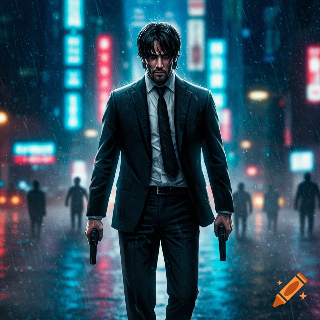 A man in a black suit, resembling John Wick, walks forward in a rainy, neon-lit city street, holding a pistol in each hand. Silhouetted figures are in the background.