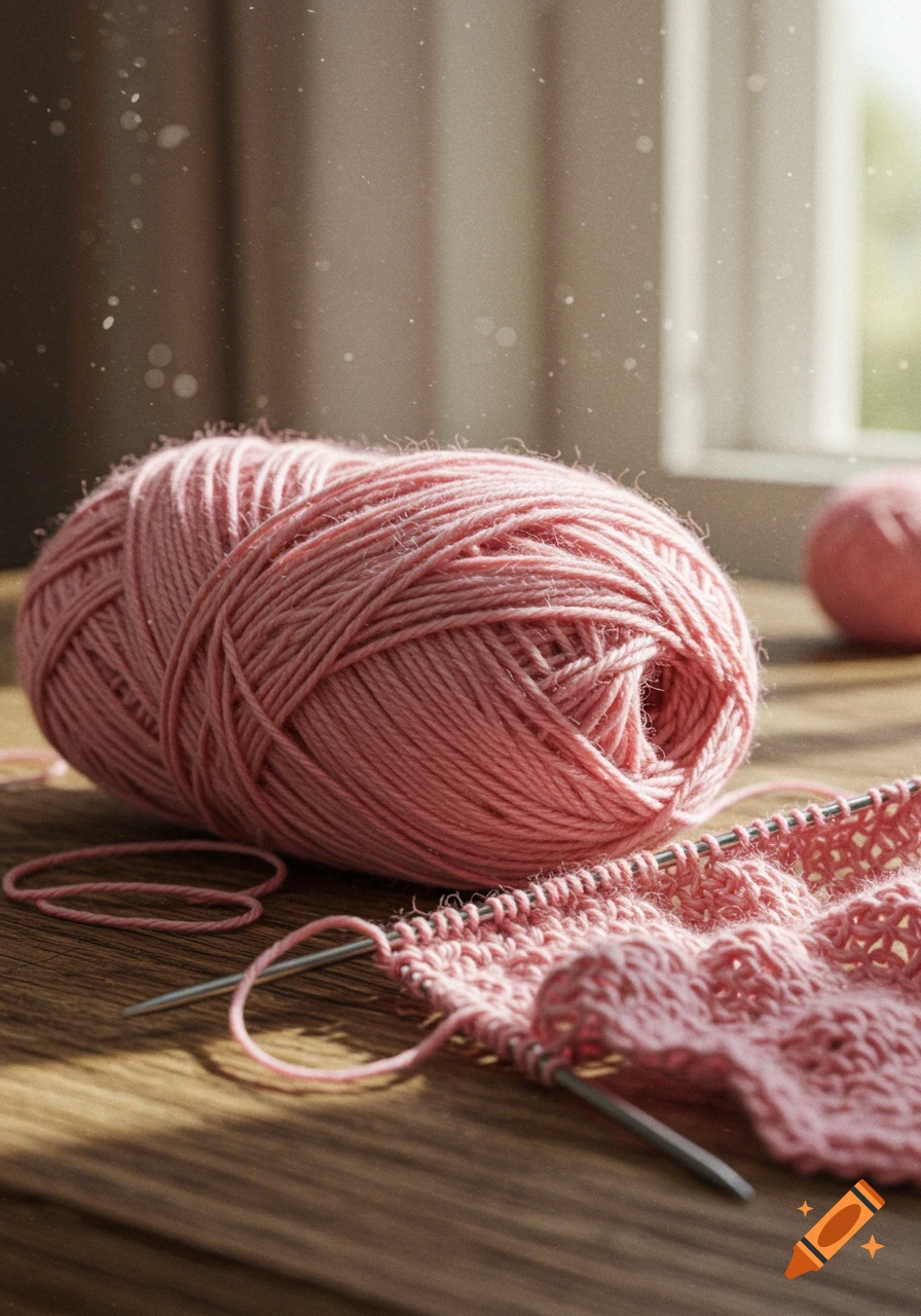 Close-up of pink yarn, knitting needles, and a knitted swatch on a wooden table in sunlight.