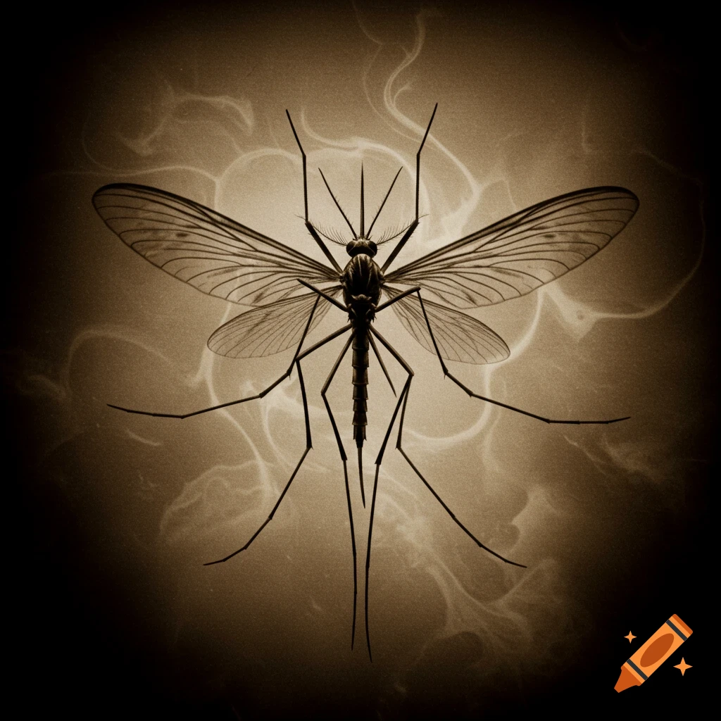 A detailed mosquito with translucent wings seen from above, against a dark sepia background with faint organic shapes.