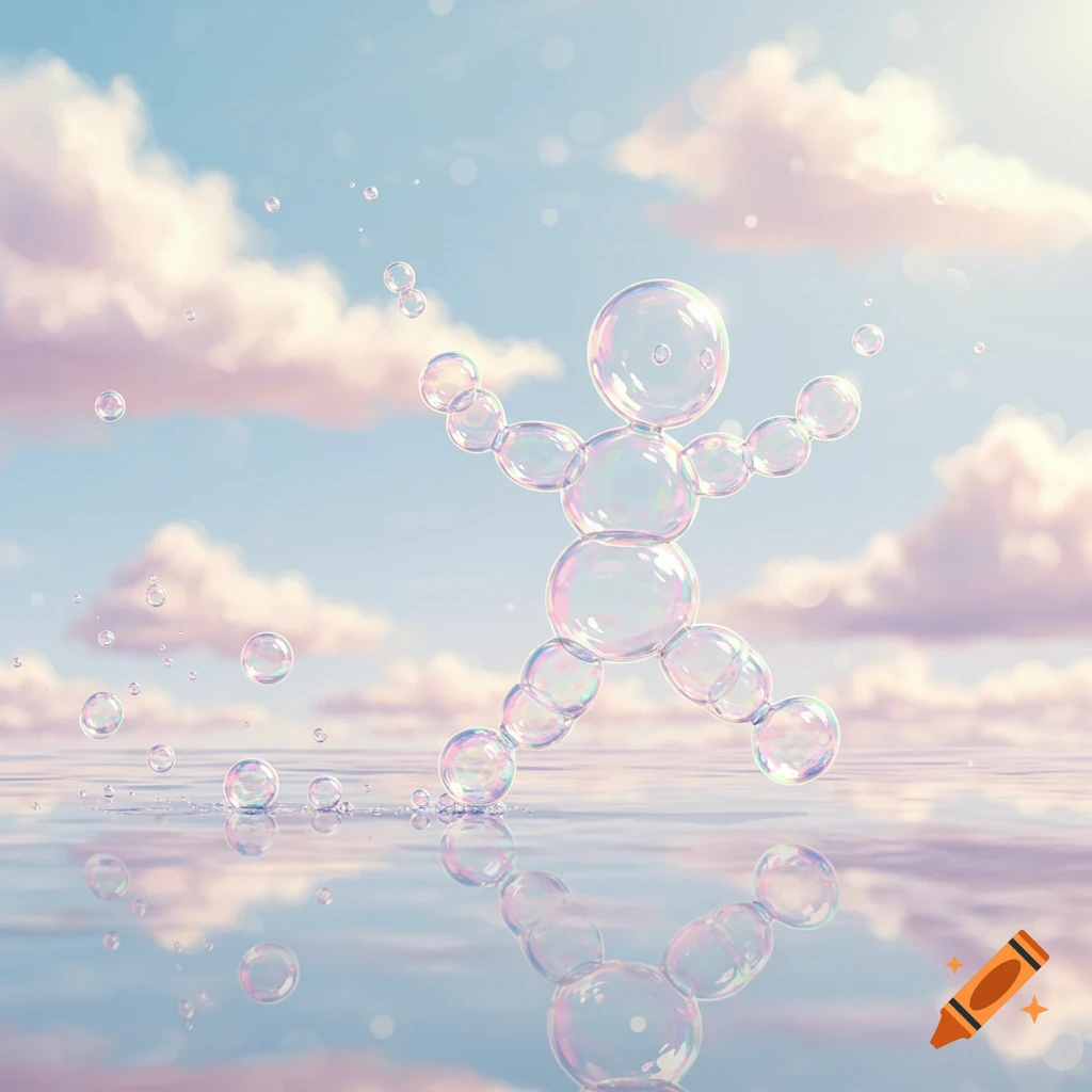 A figure made of transparent bubbles stands on a reflective water surface under a cloudy, pastel sky.