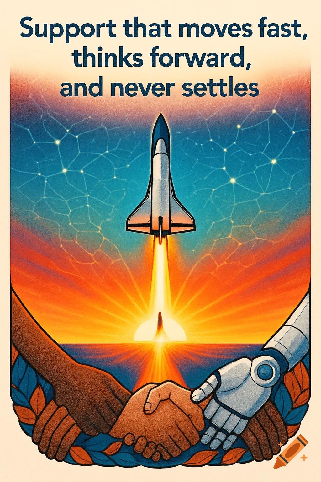 Illustrated poster of a rocket launching into a sunrise sky with neural network patterns, above a human hand and robot hand shaking.