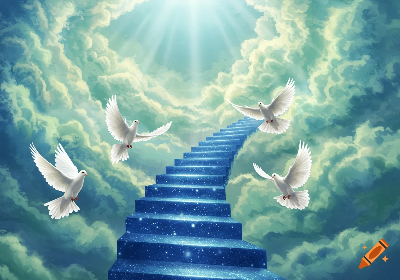 A radiant stairway ascending into a sky filled with light blue and green clouds, surrounded by four white doves in flight.