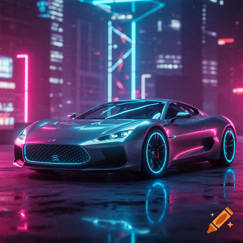 A silver futuristic sports car with neon blue and pink lights reflecting on wet pavement in a cyberpunk city setting.