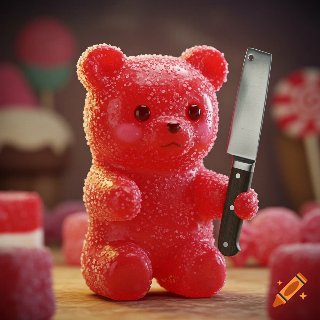 Hyperrealistic red gummy bear covered in sugar, blushing, holding a butcher's knife amidst blurry sweets.
