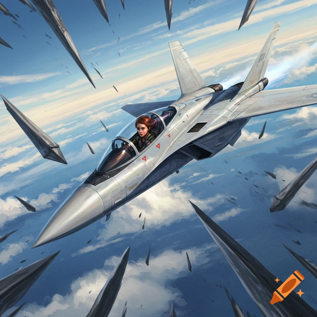 A woman pilots a fighter jet through a sky filled with sharp, floating spikes, seen from a side view.