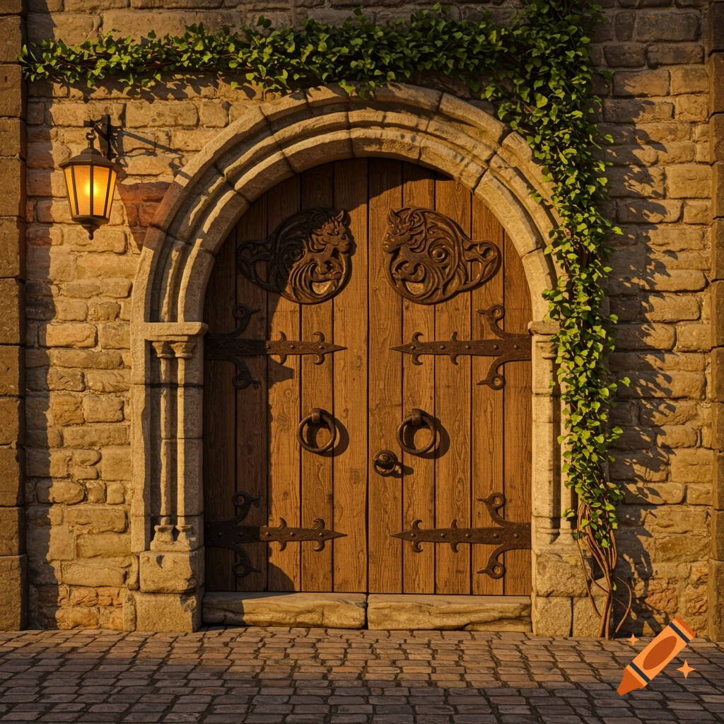 An arched wooden door with ornate metalwork in a stone wall, covered in green ivy, with a glowing lantern.