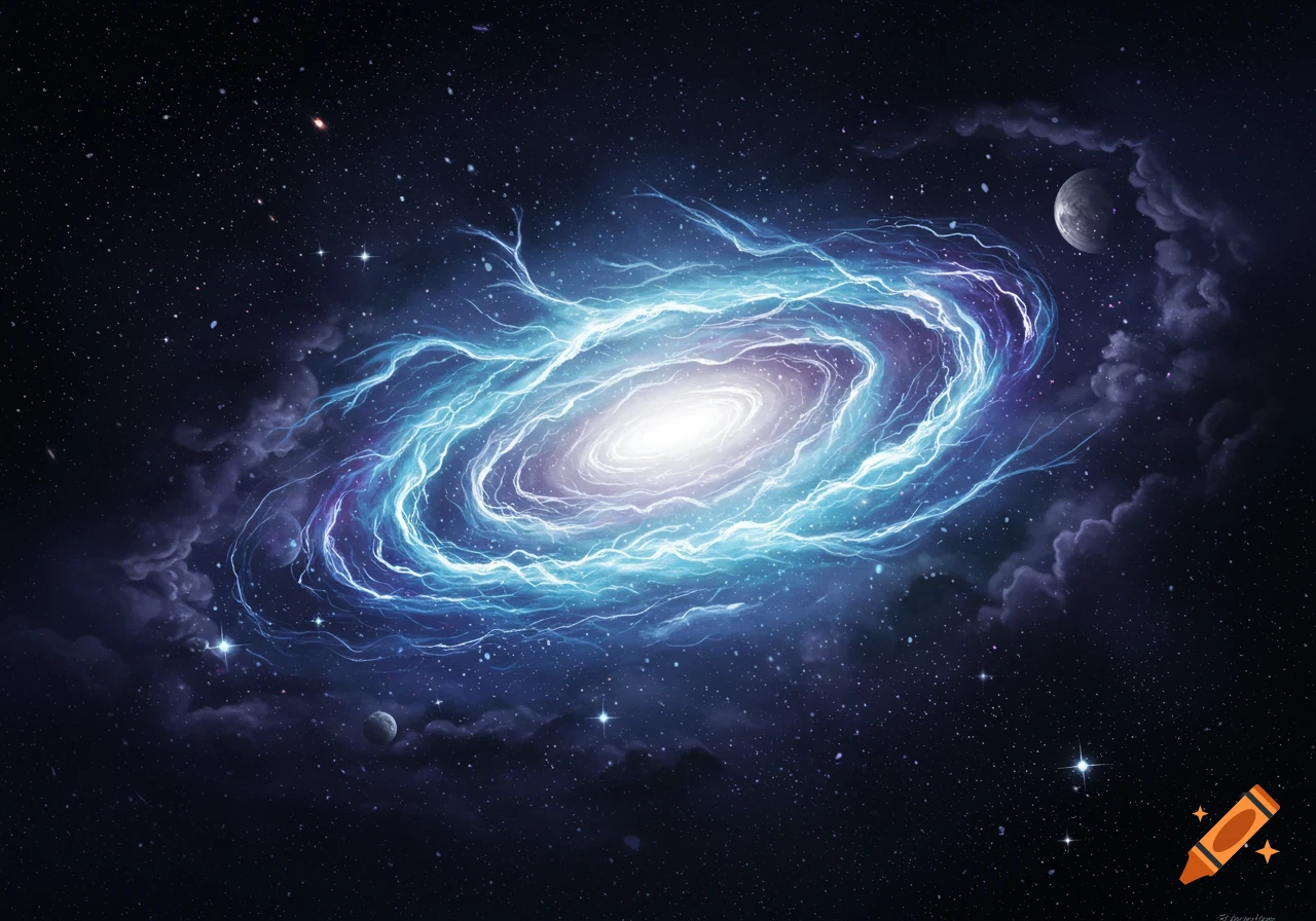 A vibrant, glowing spiral galaxy in deep space, surrounded by nebulous clouds, stars, and distant planets.