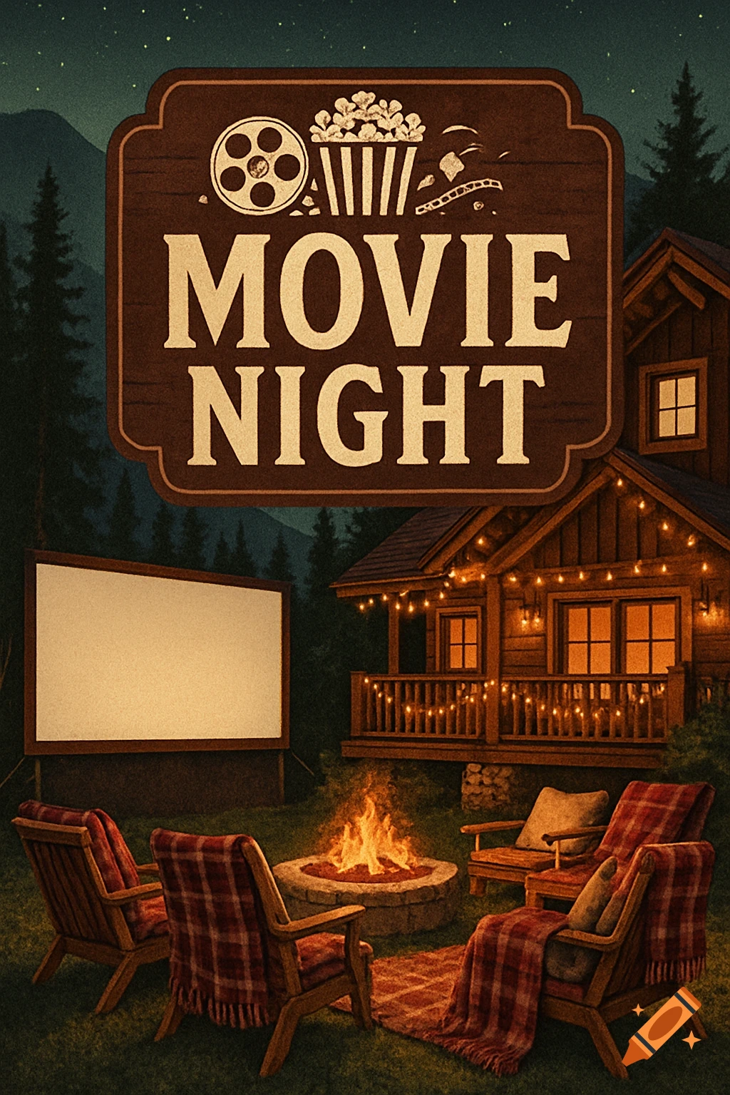 An outdoor movie night scene with a bonfire, chairs, a large screen, and a cabin, under a sign reading 'Movie Night'.
