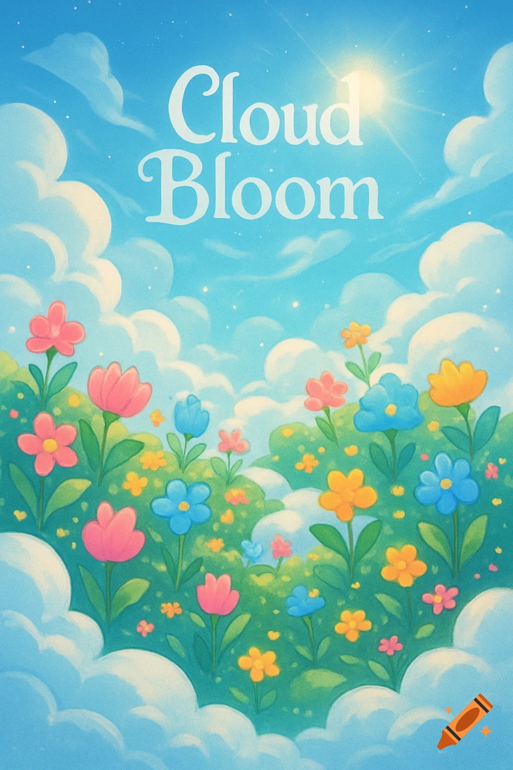 A bright, colorful illustration of a vibrant flower field among white clouds under a sunny blue sky, with the title "Cloud Bloom" at the top.