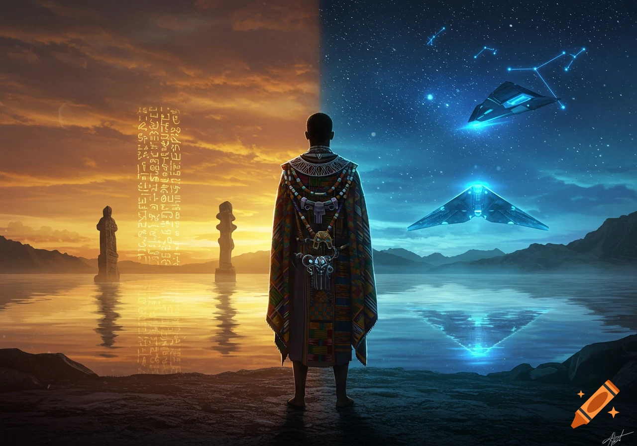 A robed figure stands between a golden sky with ancient glyphs and a blue, starry sky with glowing spaceships above a lake.