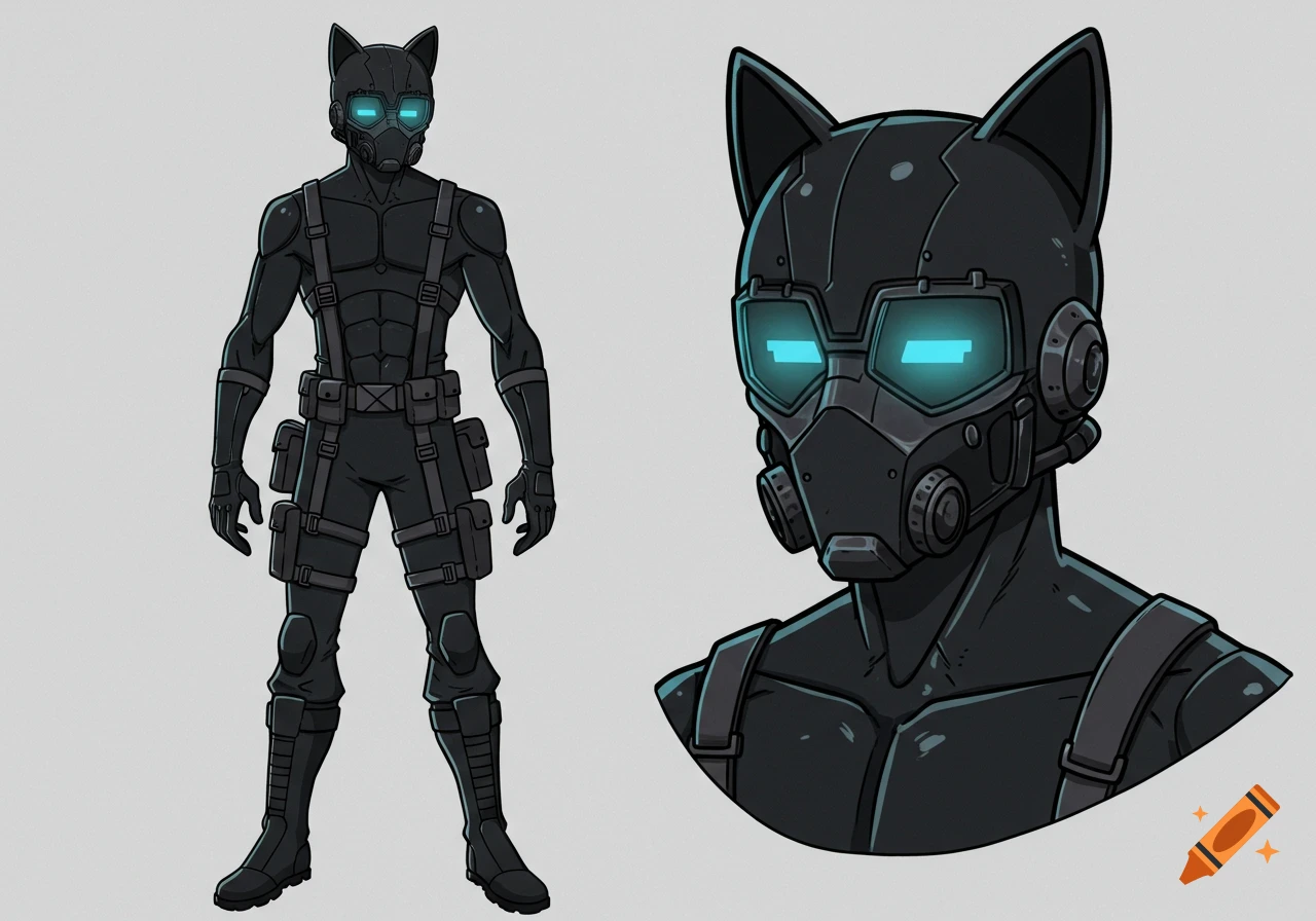 A cartoon male superhero character in a black tactical suit with a cat-eared helmet and glowing blue eyes, standing on a plain background.