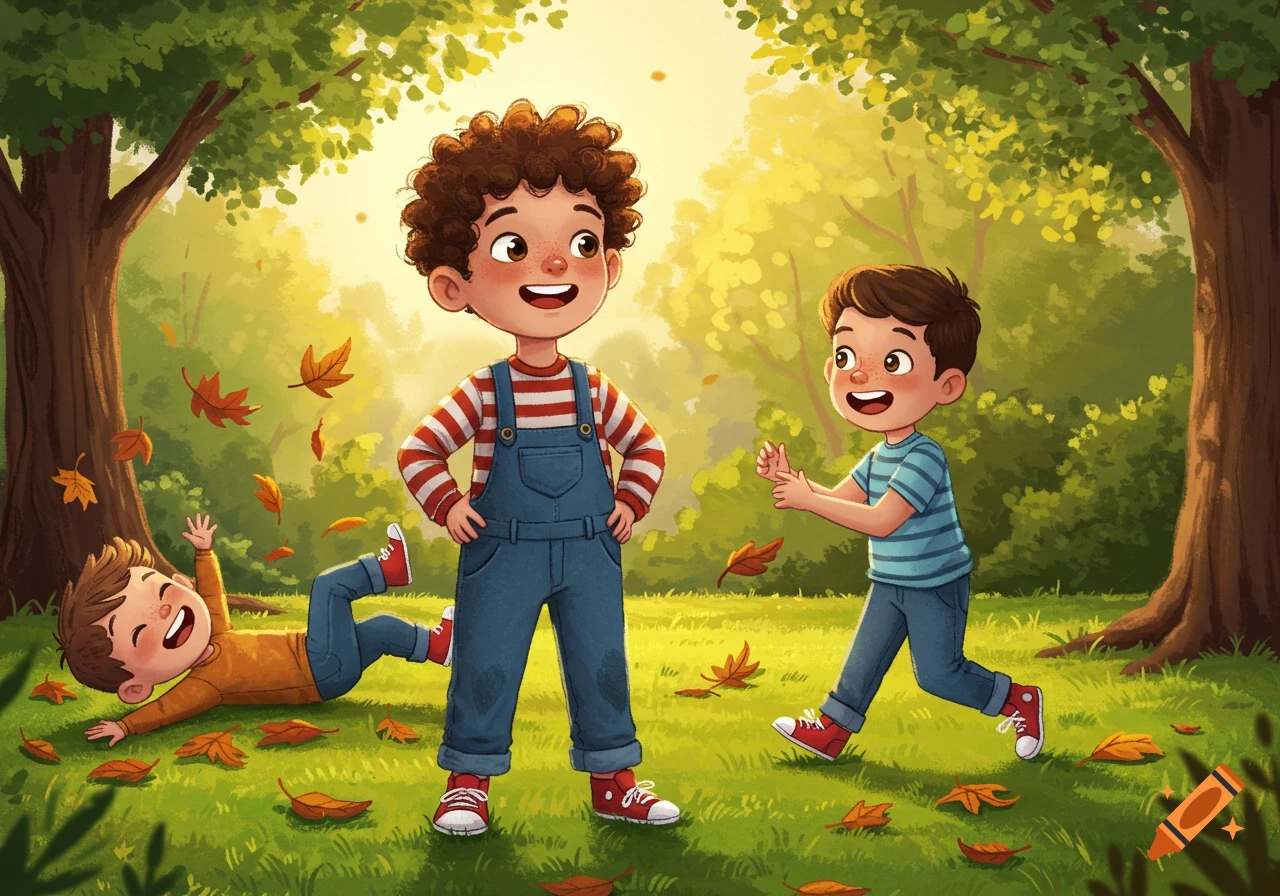 Three boys playing in a park with autumn leaves. One stands, one walks, and one falls, in a children's book illustration style.