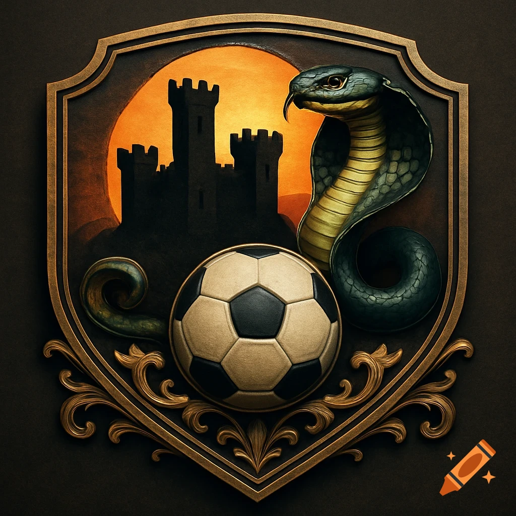 A detailed golden crest featuring a cobra, a castle silhouette, and a soccer ball.