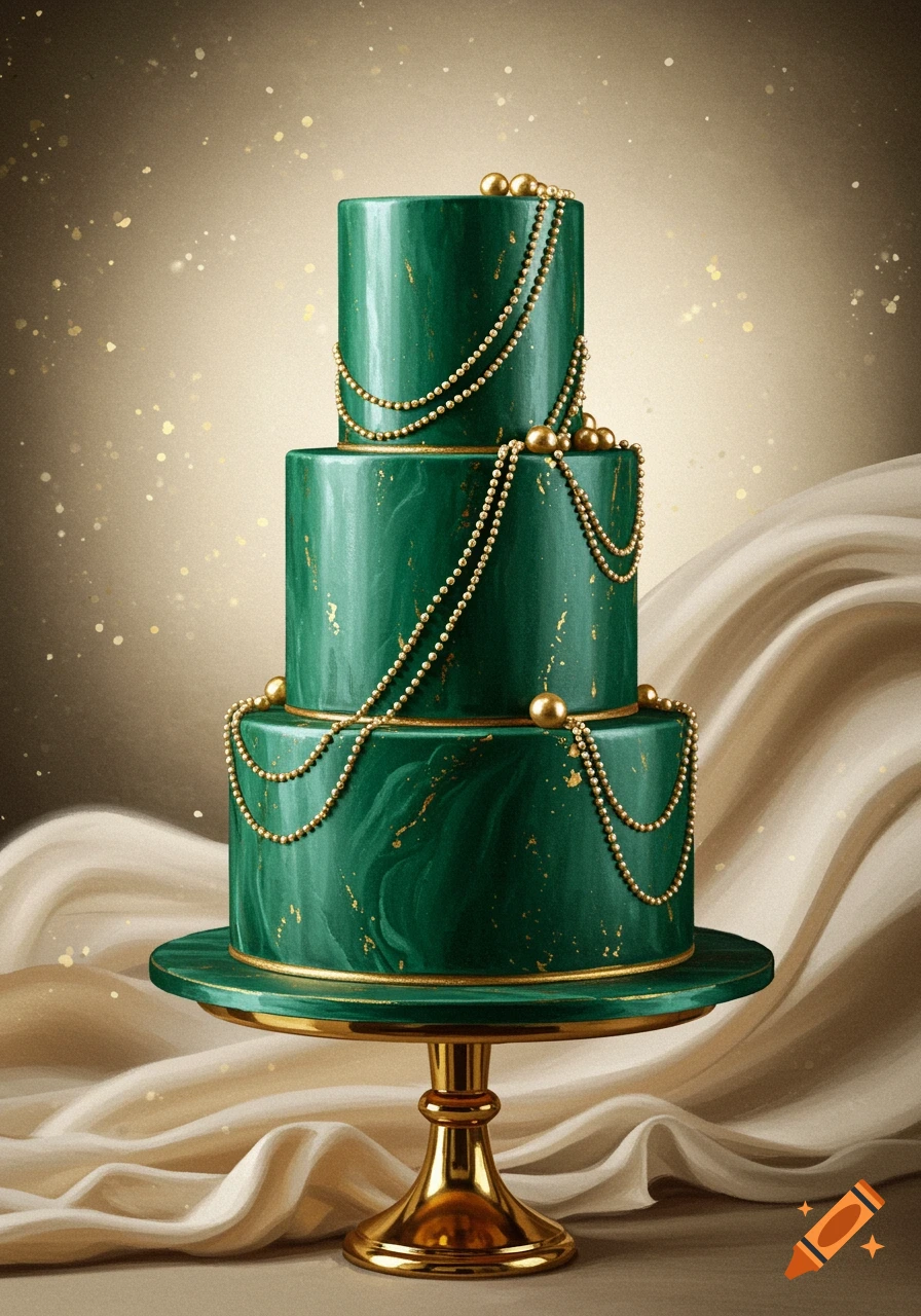 A tall three-tiered emerald green wedding cake decorated with cascading gold pearls and gold bead details, on a gold cake stand.