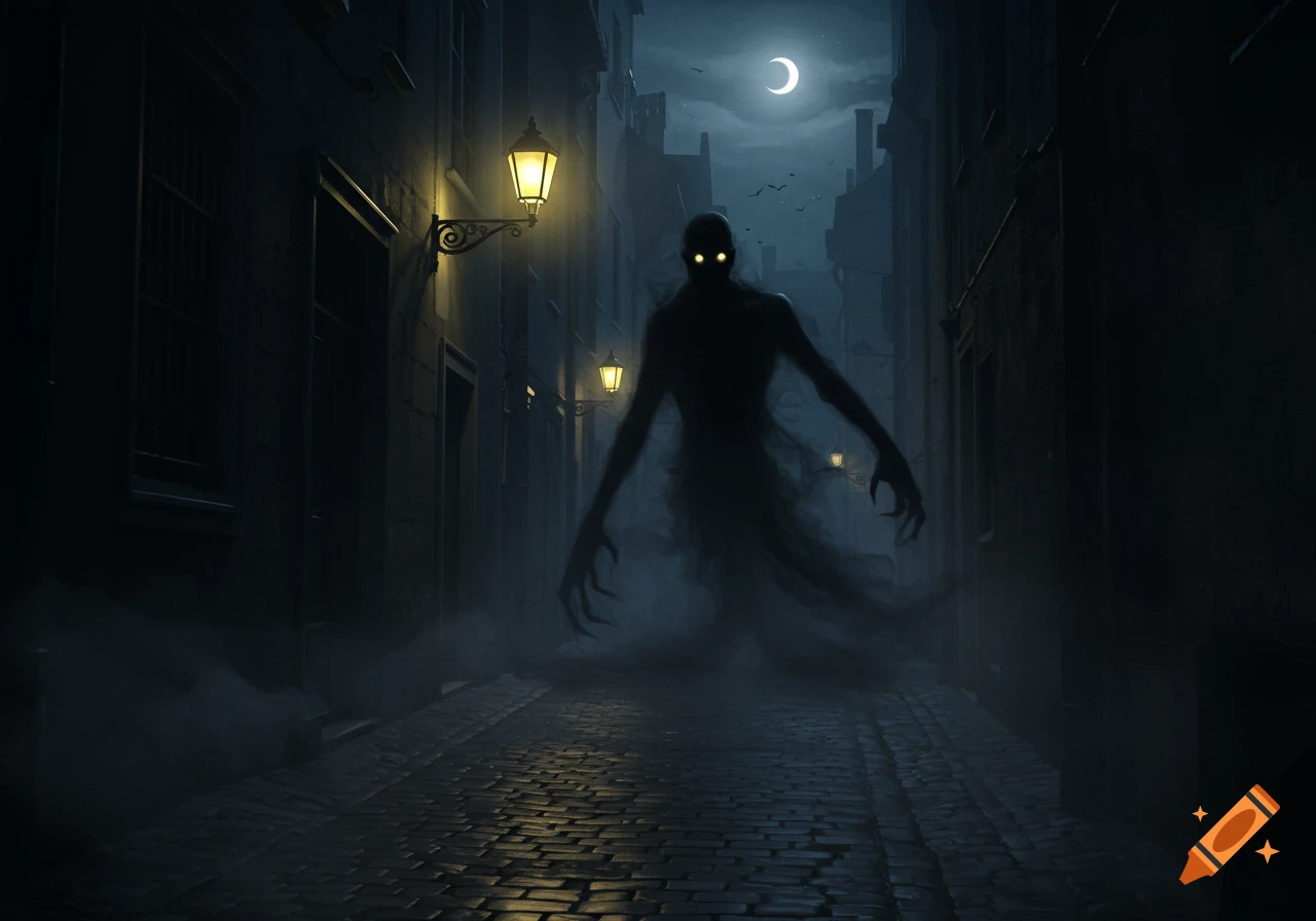 A scary shadow creature with glowing eyes stands in a dark, foggy, cobblestone alley under a crescent moon.