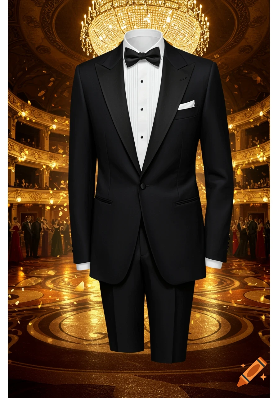A formal black tuxedo with a white shirt and bow tie stands against a blurred, opulent golden ballroom background with a large chandelier and indistinct figures.