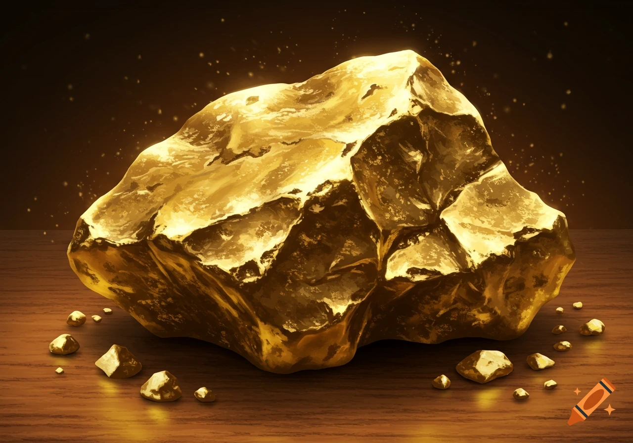 A large, gleaming gold nugget sits on a wooden surface, surrounded by smaller gold pieces, with sparkling light in the dark background.