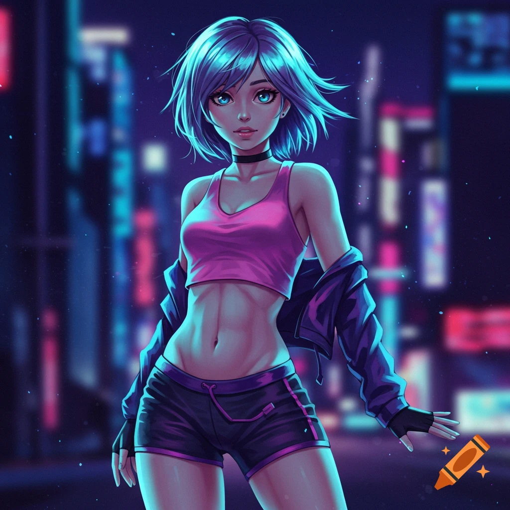 An anime woman with short blue hair and bright blue eyes stands in a neon-lit city street, wearing a pink crop top, dark shorts, and an open jacket.