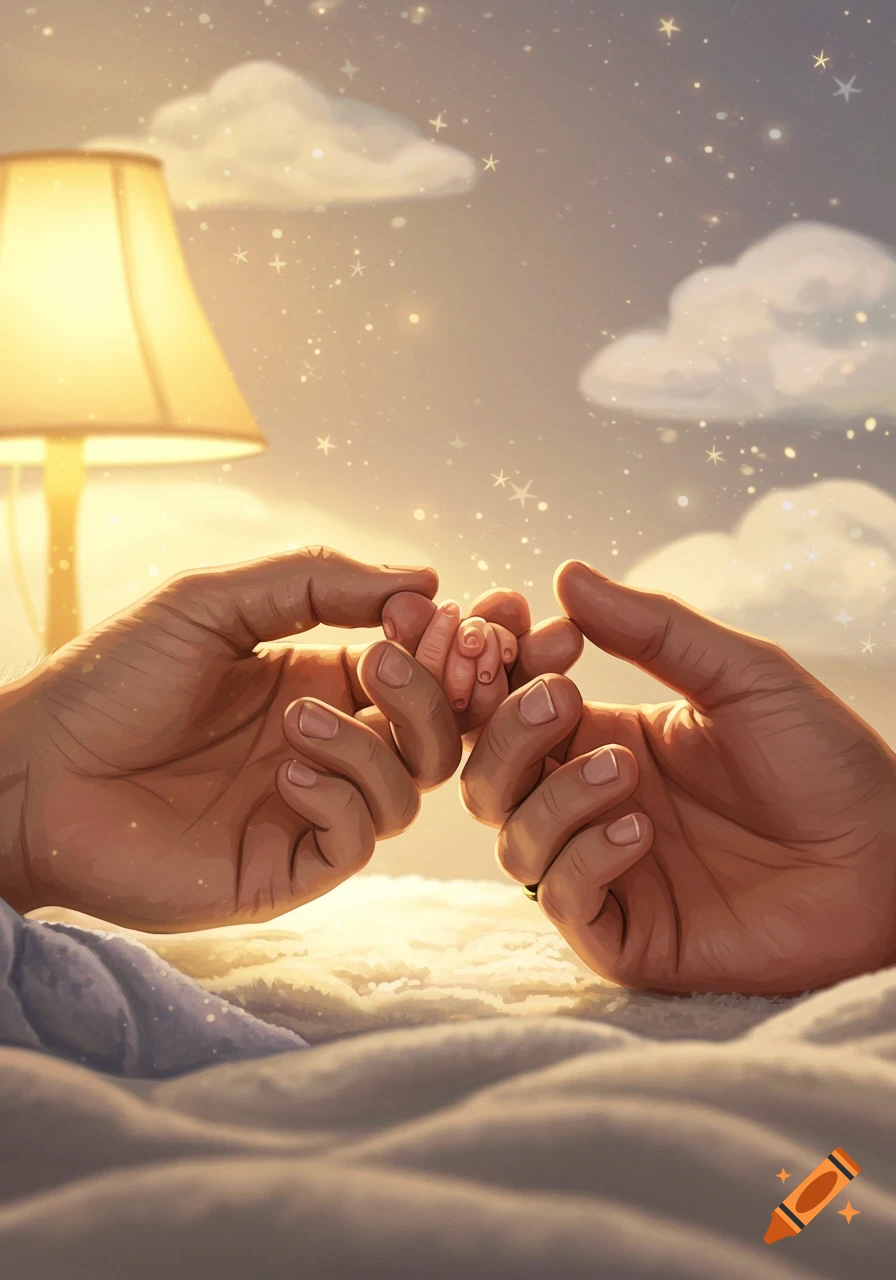 A tender illustration of adult hands gently holding a newborn's tiny fingers, bathed in warm, sparkling light.