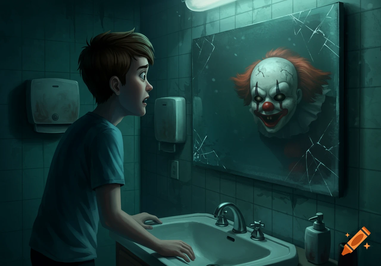 An animated young man stares nervously into a cracked bathroom mirror, seeing a creepy clown reflection instead of his own face.