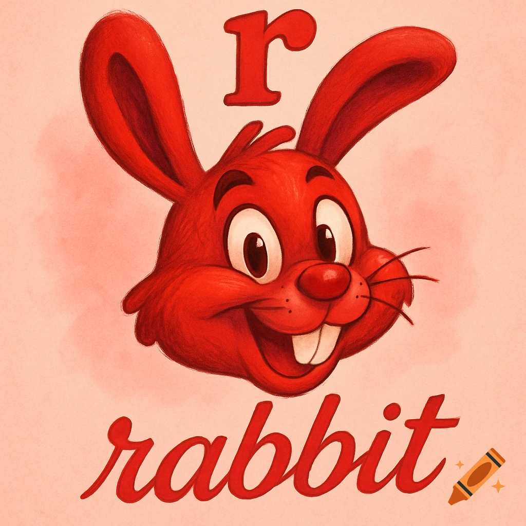 A smiling red cartoon rabbit head with the letter 'r' above it and the word 'rabbit' below, in a graphic style.