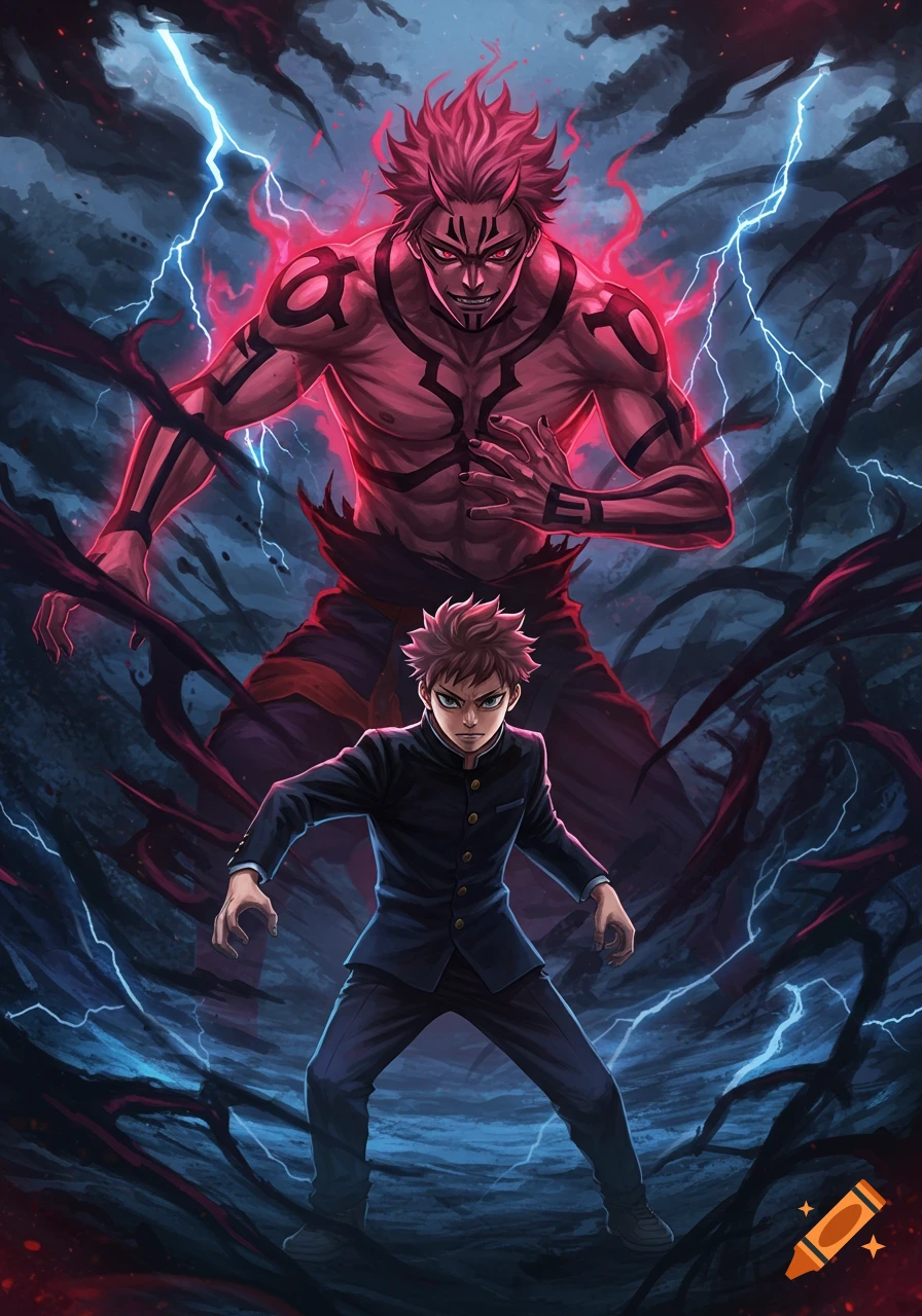 Anime illustration of Yuji Itadori with a fierce expression, facing forward, with a large, menacing, red-skinned Sukuna with dark markings looming behind him, amidst dark tendrils and lightning.