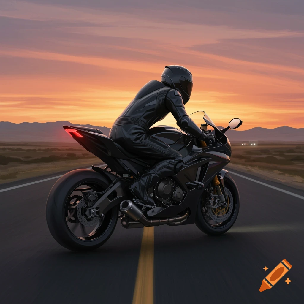 A person in a black leather suit rides a black sport motorcycle down a road at sunset.