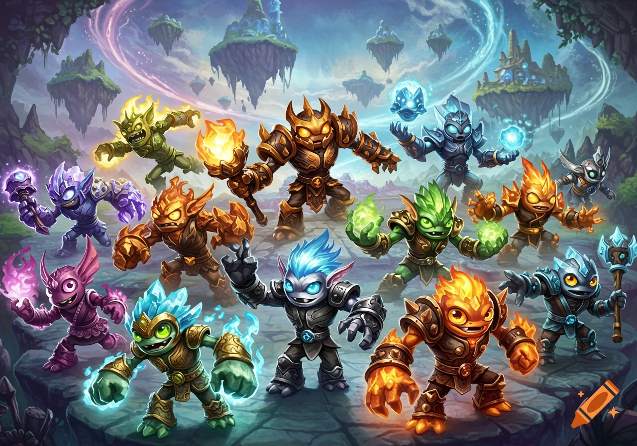A vibrant illustration featuring many colorful, stylized fantasy creatures with elemental powers, standing in a fantastical world with floating islands.