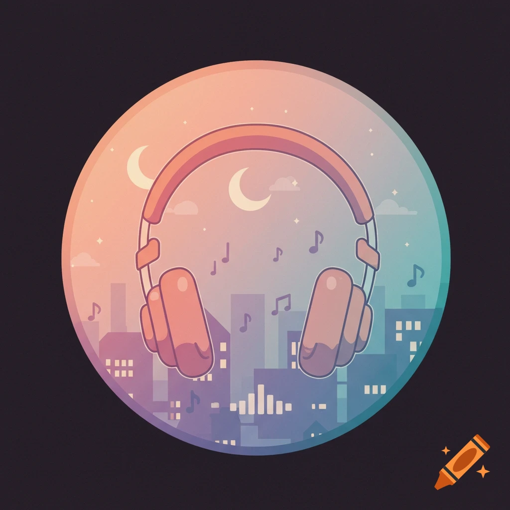 A circular icon illustrating headphones over a city skyline at night, with crescent moons and floating musical notes.
