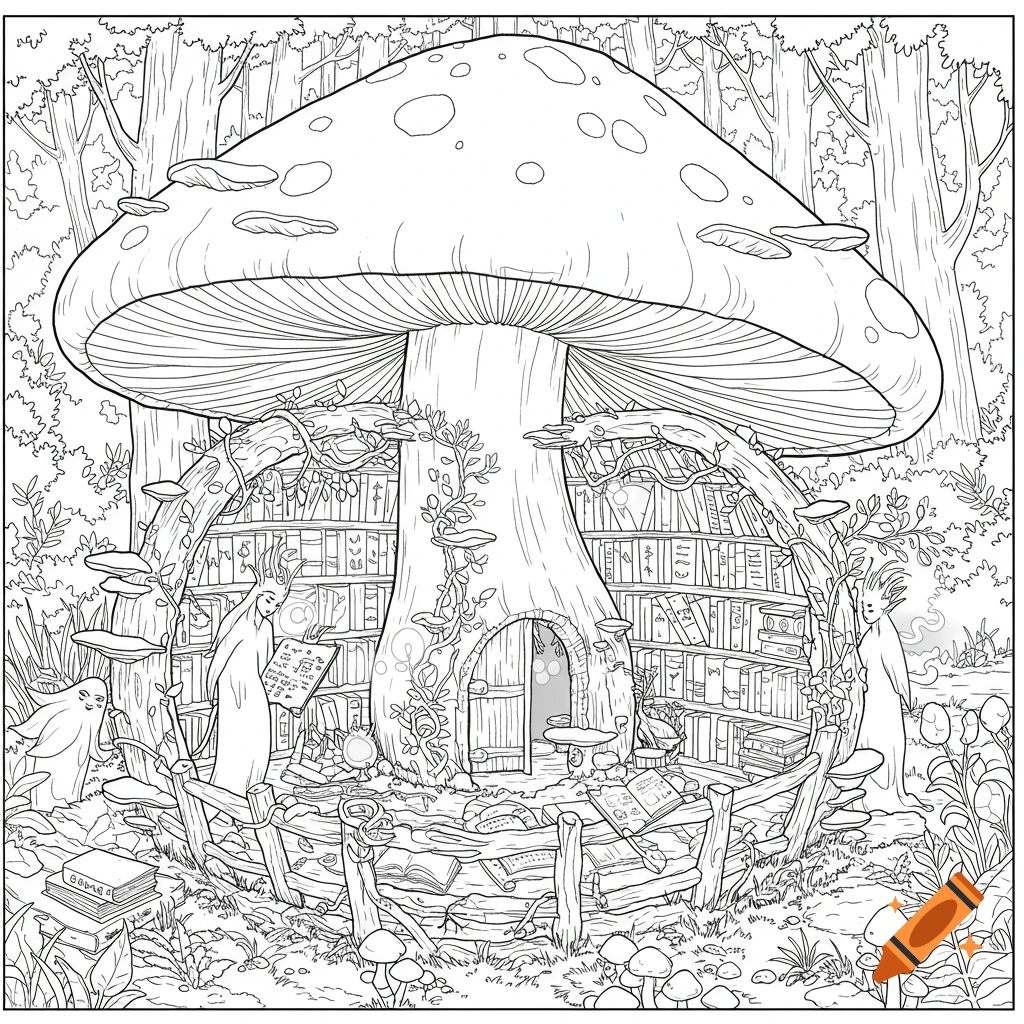 A detailed black and white line art coloring page of forest spirits reading in a mystical library inside a giant mushroom in a forest.