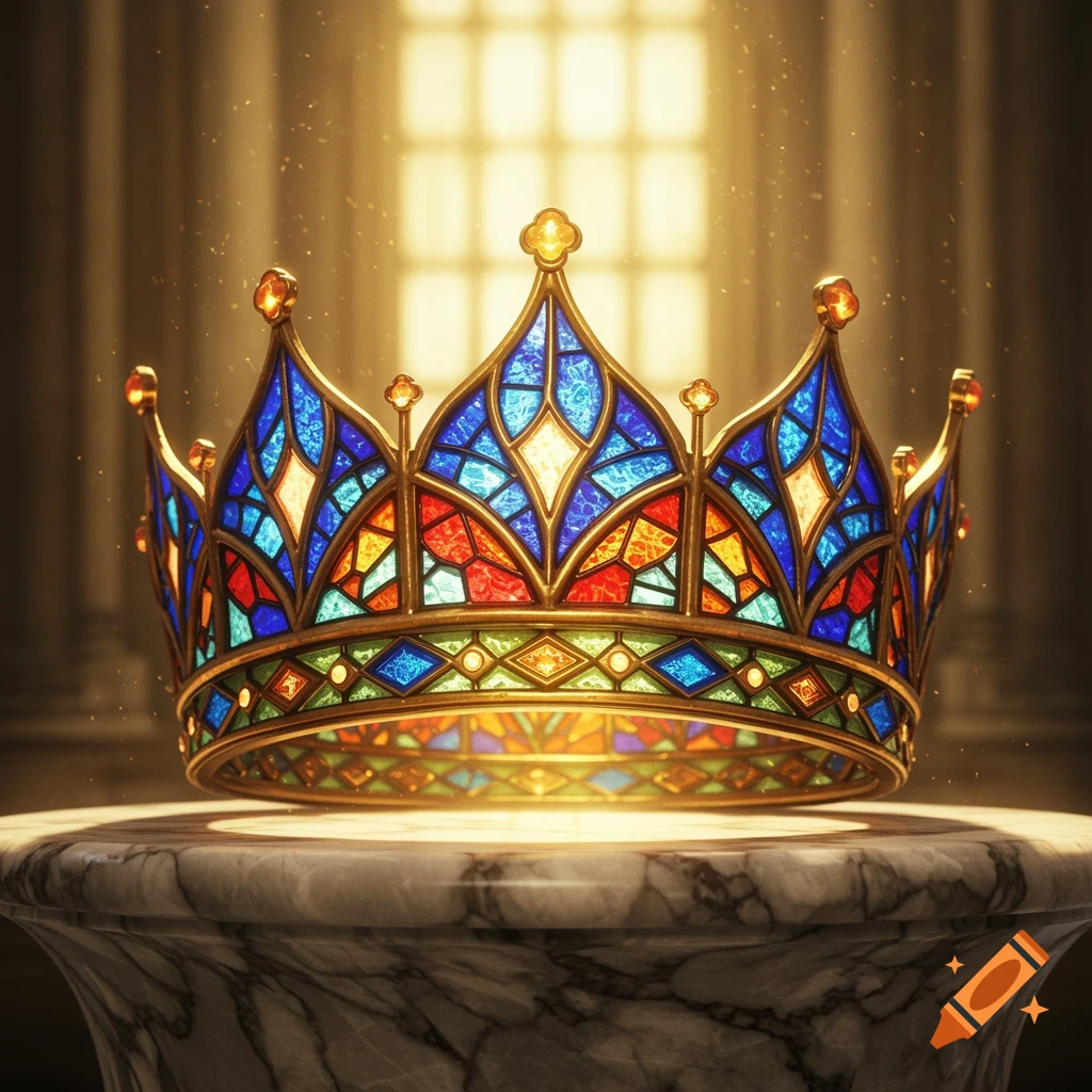 A vibrant stained glass crown on a marble pedestal, glowing with light in a grand hall.