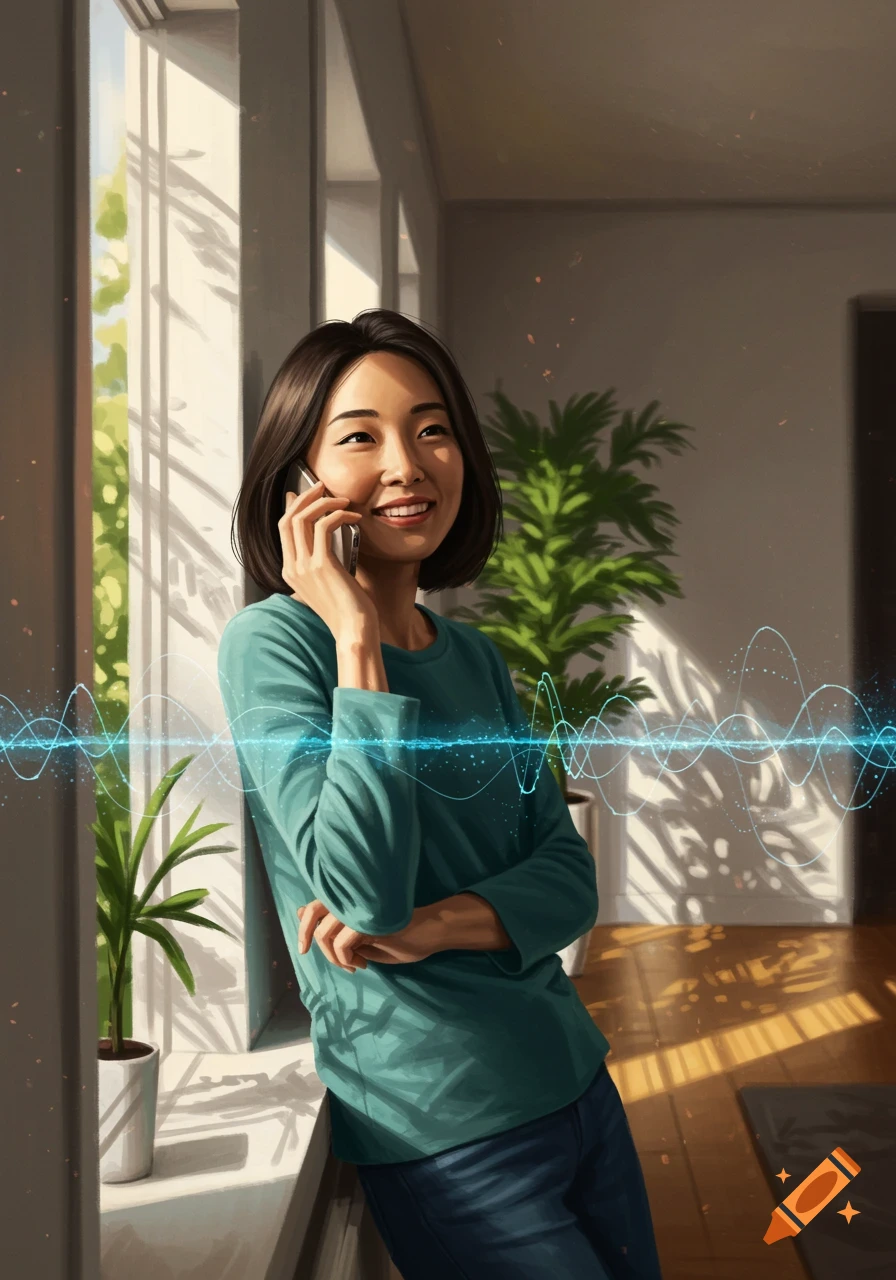 An Asian woman smiles while talking on a phone, leaning by a sunlit window indoors, with abstract sound waves visible.