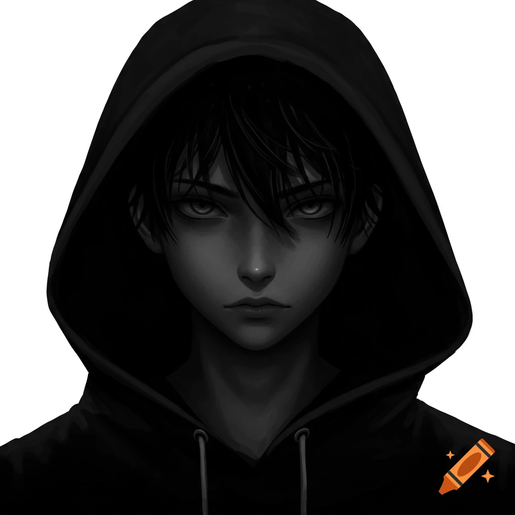 A close-up, monochromatic anime portrait of a serious teenage boy wearing a black hoodie with the hood up, casting shadows over his face.