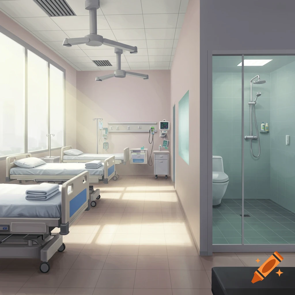 A clean, bright hospital room with three empty beds, medical equipment, and an attached bathroom with a shower, in an illustrative style.