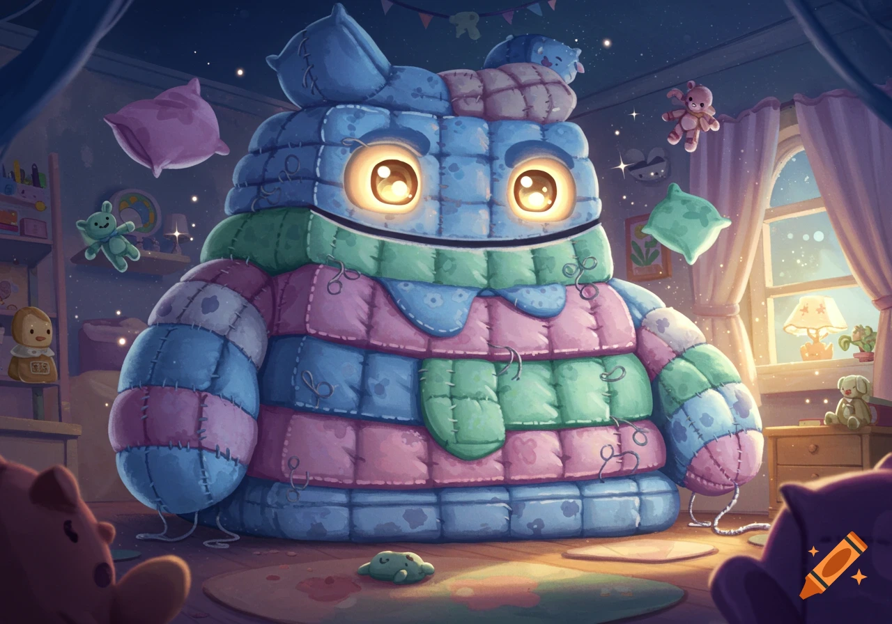 A large, colorful quilted monster with glowing eyes sits in a child's bedroom filled with floating toys and pillows.