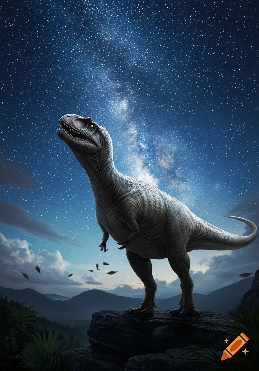 A photorealistic Allosaurus stands on a rocky cliff, looking up at a starry night sky with the Milky Way and mountains in the background.
