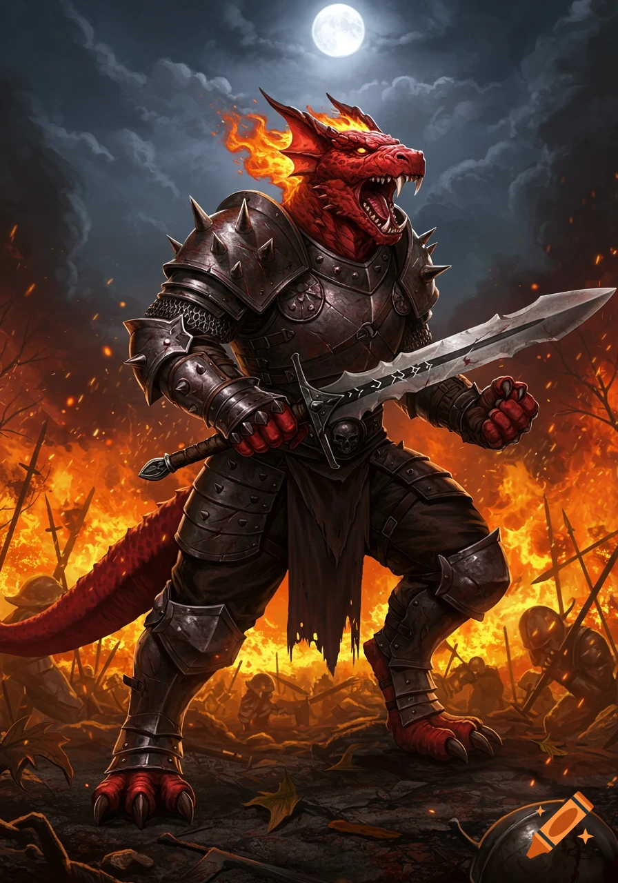 A red dragon-like warrior in spiked armor holds a sword on a fiery battlefield under a full moon.