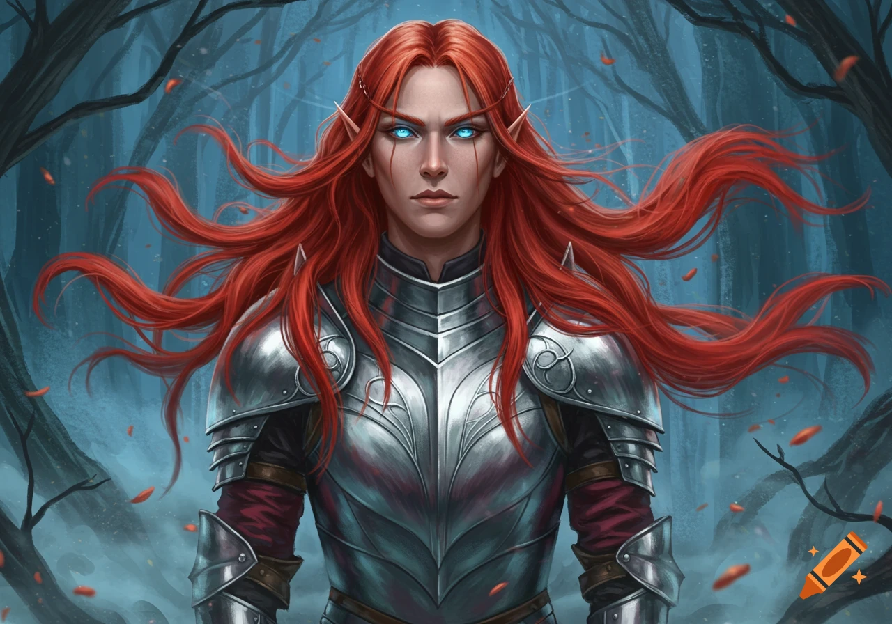 A red-haired elf knight with glowing blue eyes wearing silver armor in a mystical forest, digital painting.