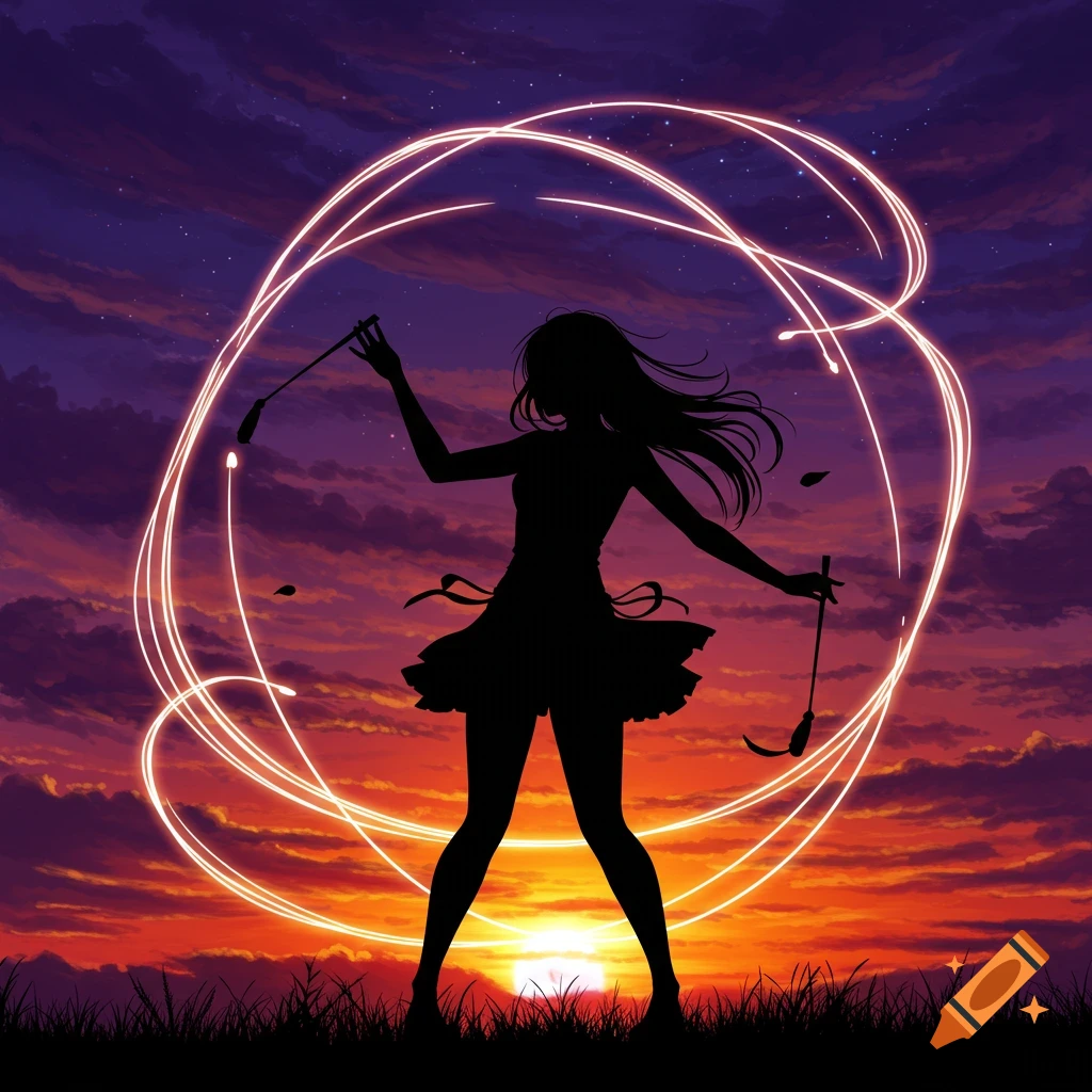 Silhouette of a woman spinning glowing poi against a vibrant anime sunset, with stars in the sky.